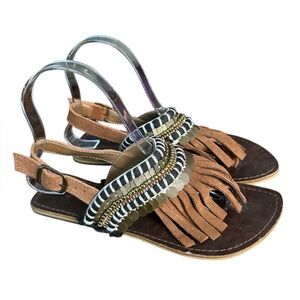 ONDADEMAR Women’s Brown Beaded Fringe Sandals